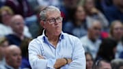 Nov 9, 2025; Storrs, Connecticut, USA; UConn Huskies head coach Geno Auriemma watches from the sideline as they take on the Florida State Seminoles at Harry A. Gampel Pavilion. Mandatory Credit: David Butler II-Imagn Images