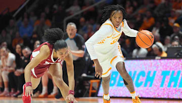 Tennessee guard Malaysia Cooper (55) dribbles during a women's college basketball game between the Lady Vols and Alabama at Thompson-Boling Arena at Food City Center in Knoxville on Thursday, February 20, 2025.