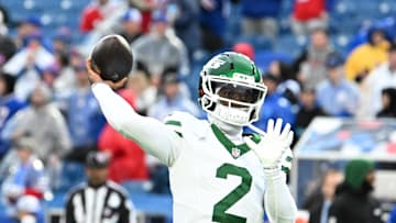 Dec 29, 2024; Orchard Park, New York, USA; New York Jets quarterback Tyrod Taylor (2) warms up before a game against the Buffalo Bills at Highmark Stadium. Mandatory Credit: Mark Konezny-Imagn Images