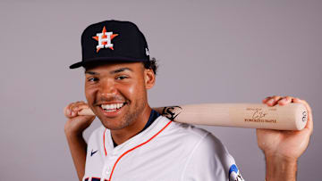 Feb 20, 2025; West Palm Beach, FL, USA;  Houston Astros infielder Cam Smith poses for a photo at the Houston Astros media day. Mandatory Credit: Reinhold Matay-Imagn Images
