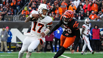Bengals Joseph Ossai (58) chases down Browns Dorian Thompson-Robinson (17) during their game against the Browns at Paycor Stadium on Sunday December 22, 2024. The Bengals won the game with a final score of 24-6.