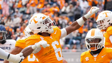 Tennessee running back Dylan Sampson (6) celebrates after scoring a touchdown during a NCAA football game between Tennessee and UTEP in Neyland Stadium on Saturday, November 23, 2024.