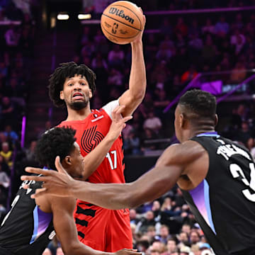 Apr 9, 2025; Salt Lake City, Utah, USA: Portland Trail Blazers guard Shaedon Sharpe (17) passes off the ball in the second half against the Utah Jazz at Delta Center. Mandatory Credit: Jamie Sabau-Imagn Images