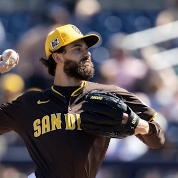 Mar 11, 2025; Peoria, Arizona, USA; San Diego Padres pitcher Dylan Cease against the Chicago White Sox during a spring training game at Peoria Sports Complex. Mandatory Credit: Mark J. Rebilas-Imagn Images