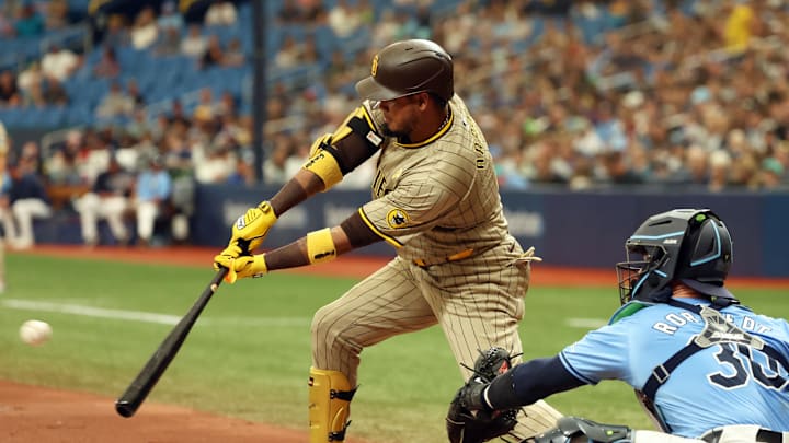 San Diego Padres first base Luis Arraez (4) singles against the Tampa Bay Rays during the third inning at Tropicana Field on Sept. 1.