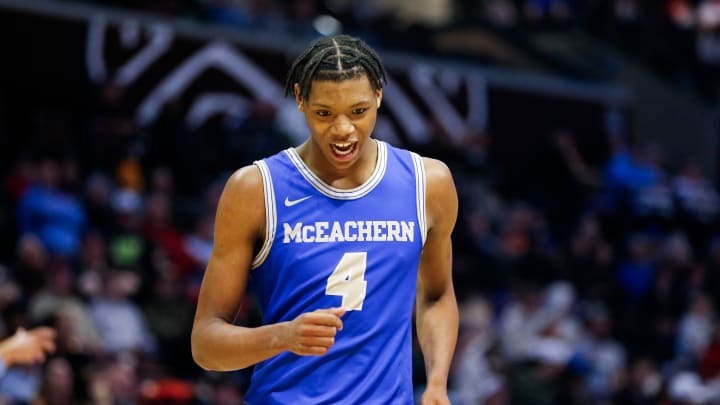 McEachern's Airious Bailey after hitting a three-pointer on the Edmond North Huskies in the third place game of the 39th Annual Bass Pro Shops Tournament of Champions at Great Southern Bank Arena on Saturday, Jan. 13, 2024.