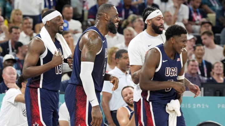 Aug 6, 2024; Paris, France; United States forward LeBron James (6) reacts with the bench in the first half against Brazil in a men’s basketball quarterfinal game during the Paris 2024 Olympic Summer Games at Accor Arena. Mandatory Credit: Kyle Terada-USA TODAY Sports