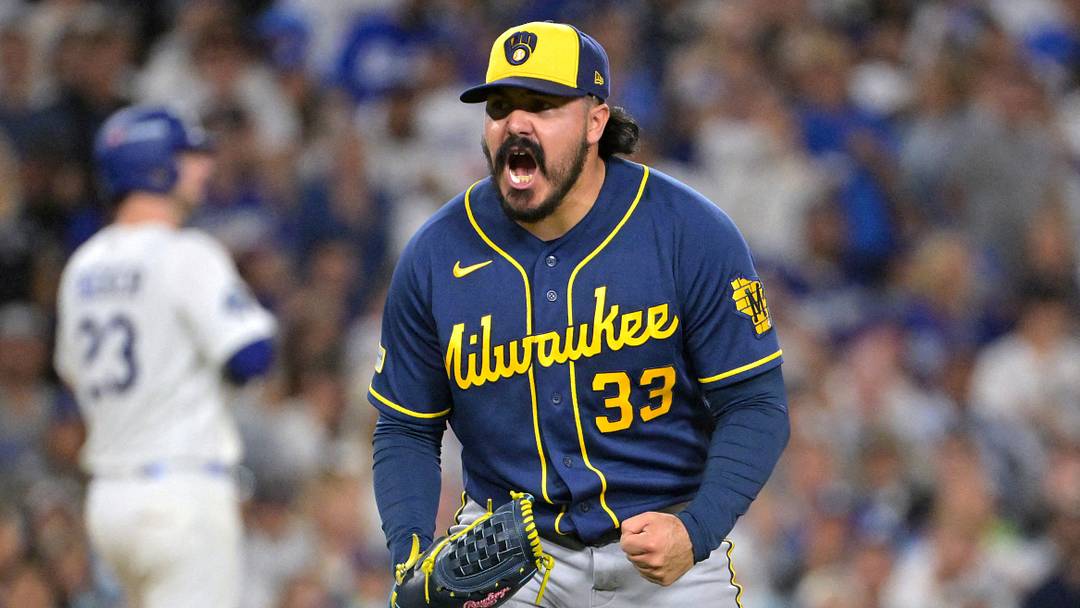 Oct 15, 2026; Los Angeles, California, USA;  Milwaukee Brewers pitcher JoJo Romero (33) reacts during the sixth inning against the Los Angeles Dodgers in game four of the NLCS for the 2026 MLB Playoffs at Uniqlo Field at Dodger Stadium.  Mandatory Credit: Jayne Kamin-Oncea-Imagn Images     TPX IMAGES OF THE DAY