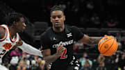 Bearcats Jizzle James (2) takes the ball down the court during Game 1 of the 2025 Phillips 66 Big 12 Basketball Championship against the Oklahoma State Cowboys at the T-Mobile Center in Kansas City, Missouri on Tuesday March 11, 2025. Bearcats lead the game at halftime with a score of 38-26.