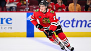 Sep 28, 2023; Chicago, Illinois, USA;  Chicago Blackhawks forward Nick Lardis (76) warms up before a game against the St. Louis Blues at United Center. Mandatory Credit: Jamie Sabau-Imagn Images