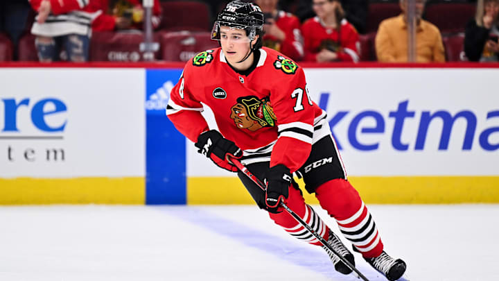 Sep 28, 2023; Chicago, Illinois, USA;  Chicago Blackhawks forward Nick Lardis (76) warms up before a game against the St. Louis Blues at United Center. Mandatory Credit: Jamie Sabau-Imagn Images