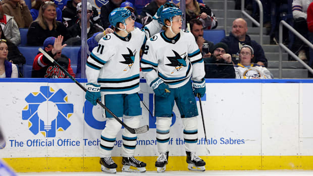 San Jose Sharks center Will Smith, center Macklin Celebrini 