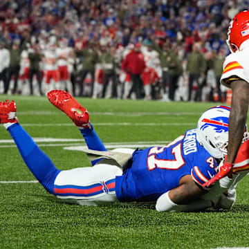 Nov 2, 2025; Orchard Park, New York, USA; Buffalo Bills cornerback Christian Benford (47) brings down Kansas City Chiefs wide receiver Hollywood Brown (5) in the second quarter at Highmark Stadium.