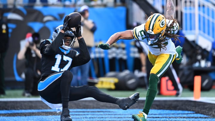 Carolina Panthers wide receiver DJ Chark makes a touchdown catch against Green Bay Packers cornerback Eric Stokes last season.