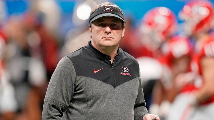 Dec 31, 2022; Atlanta, Georgia, USA; Georgia Bulldogs head coach Kirby Smart looks on during warmups before the 2022 Peach Bowl against the Ohio State Buckeyes at Mercedes-Benz Stadium. Mandatory Credit: Dale Zanine-USA TODAY Sports