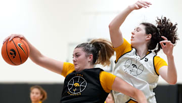 Iowa center Layla Hays grabs a rebound in front of Ava Heiden during a women’s basketball practice July 22, 2025 at Carver-Hawkeye Arena in Iowa City, Iowa.
