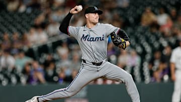 Aug 27, 2024; Denver, Colorado, USA; Miami Marlins relief pitcher Calvin Faucher (53) pitches in the ninth inning against the Colorado Rockies at Coors Field. Mandatory Credit: Isaiah J. Downing-Imagn Images