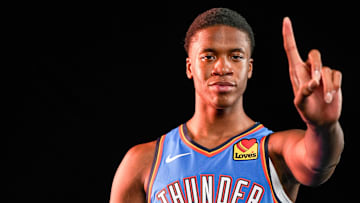 Oklahoma center Thomas Sorber (12) poses for a photo shoot during Thunder media day at Paycom Center in Oklahoma City on Monday, Sept. 29, 2025.