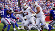 Sep 8, 2024; Orchard Park, New York, USA; Arizona Cardinals offensive tackle Jonah Williams (73) looks to block Buffalo Bills defensive tackle Ed Oliver (91) during the first half at Highmark Stadium. Mandatory Credit: Gregory Fisher-Imagn Images