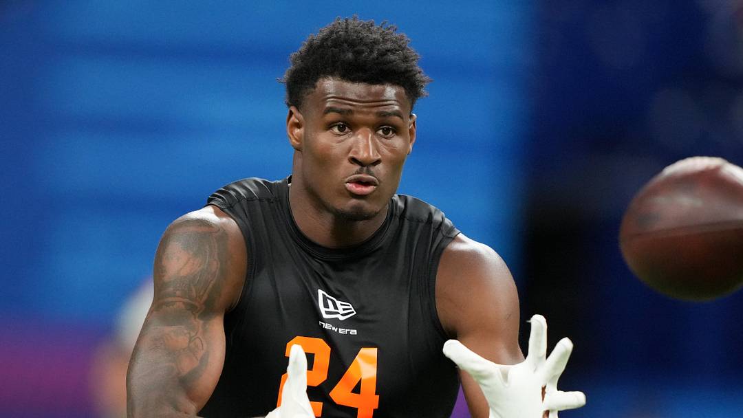 Feb 28, 2026; Indianapolis, IN, USA; Georgia State wideout Ted Hurst (WO24) during the NFL Scouting Combine at Lucas Oil Stadium. Mandatory Credit: Kirby Lee-Imagn Images