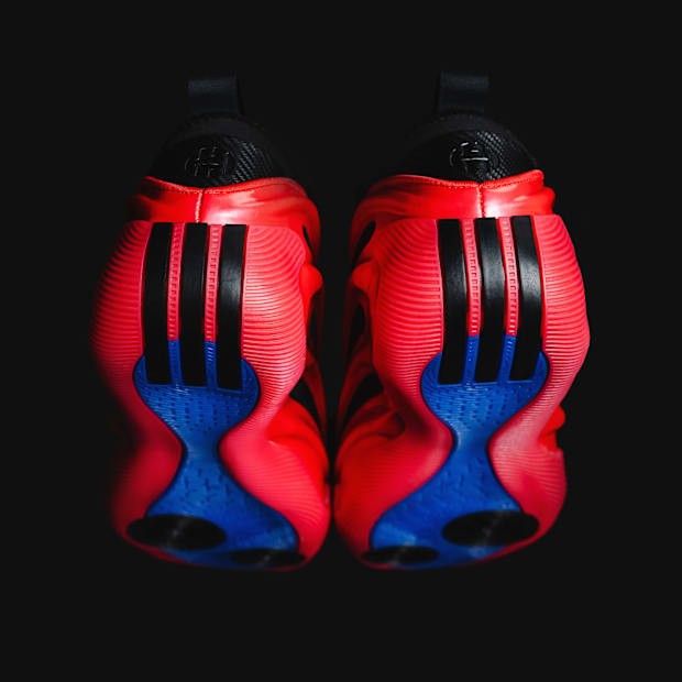 Adidas branding on James Harden's sneakers.