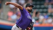 Jul 14, 2024; New York City, New York, USA; Colorado Rockies starting pitcher German Marquez (48) delivers a pitch during the third inning against the New York Mets at Citi Field.