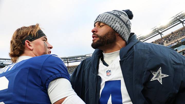 Jan 4, 2026; East Rutherford, New Jersey, USA; New York Giants quarterback Jaxson Dart (6) greets Dallas Cowboys quarterback Dak Prescott (4) on the field after the game at MetLife Stadium. Mandatory Credit: Vincent Carchietta-Imagn Images