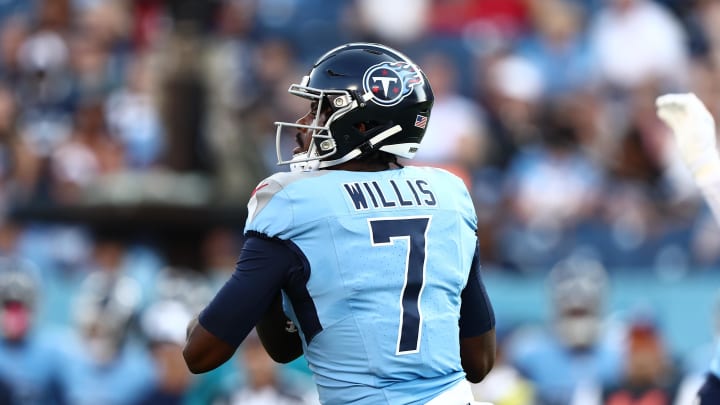 Aug 17, 2024; Nashville, Tennessee, USA; Tennessee Titans quarterback Malik Willis (7) drops back for a pass in the game against the Seattle Seahawks at Nissan Stadium. Mandatory Credit: Casey Gower-USA TODAY Sports