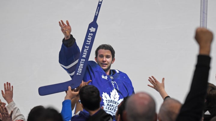 May 2, 2024; Toronto, Ontario, CAN;  Toronto Maple Leafs goalie Joseph Woll (60) waves to fans after giving away his first star award goalie stick after a win over the Boston Bruins in game six of the first round of the 2024 Stanley Cup Playoffs at Scotiabank Arena. Mandatory Credit: Dan Hamilton-USA TODAY Sports