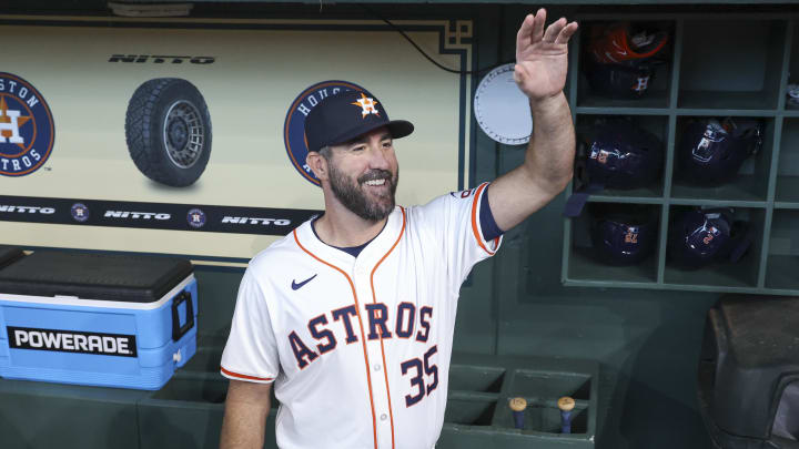 Mar 28, 2024; Houston, Texas, USA; Houston Astros starting pitcher Justin Verlander (35) waves before the game against the New York Yankees at Minute Maid Park