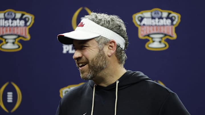 Jan 1, 2026; New Orleans, LA, USA; Mississippi Rebels head coach Pete Golding smiles on stage after the 2026 Sugar Bowl and quarterfinal game of the College Football Playoff against the Georgia Bulldogs at Caesars Superdome. Mandatory Credit: Amber Searls-Imagn Images