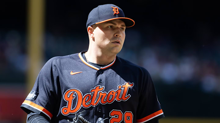 Apr 1, 2026; Phoenix, Arizona, USA; Detroit Tigers pitcher Tarik Skubal against the Arizona Diamondbacks at Chase Field. Mandatory Credit: Mark J. Rebilas-Imagn Images