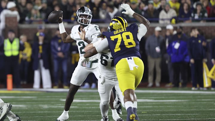 Oct 26, 2024; Ann Arbor, Michigan, USA;  Michigan State Spartans quarterback Aidan Chiles (2) passes in the first half against the Michigan Wolverines at Michigan Stadium. Mandatory Credit: Rick Osentoski-Imagn Images
