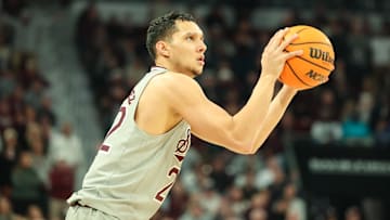 Jan 11, 2025; Starkville, Mississippi, USA; Mississippi State Bulldogs forward RJ Melendez (22) shoots against the Kentucky Wildcats during the second half at Humphrey Coliseum. Mandatory Credit: Wesley Hale-Imagn Images