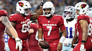 Nov 3, 2025; Arlington, Texas, USA; Arizona Cardinals quarterback Jacoby Brissett (7) celebrates with offensive tackle Kelvin Beachum (68) after scoring a touchdown against the Dallas Cowboys in the first half at AT&T Stadium.