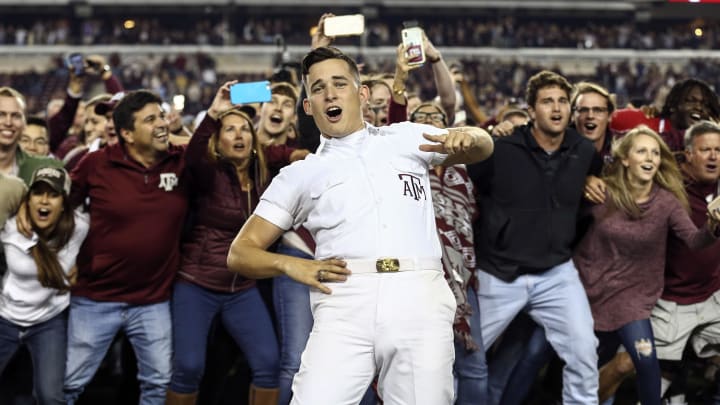 Nov 24, 2018; College Station, TX, USA; A Texas A&M Aggies yell leader leads a cheer after the Aggies defeated the LSU Tigers at Kyle Field. 