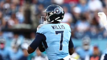 Aug 17, 2024; Nashville, Tennessee, USA; Tennessee Titans quarterback Malik Willis (7) drops back for a pass in the game against the Seattle Seahawks at Nissan Stadium. Mandatory Credit: Casey Gower-USA TODAY Sports