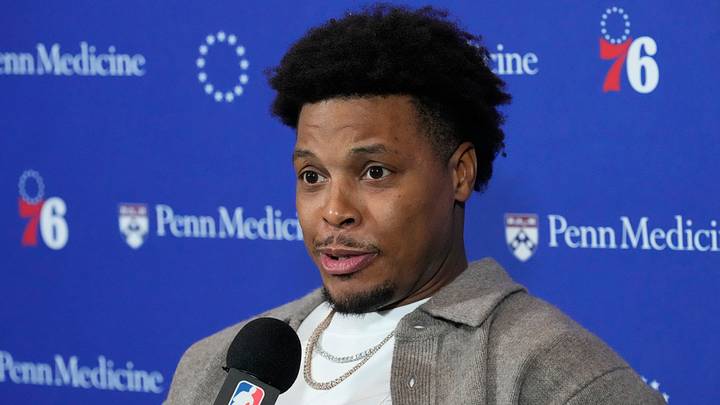 Jan 12, 2026; Toronto, Ontario, CAN; Philadelphia 76ers guard Kyle Lowry (7) addresses the media during a post game press conference after a win over the Toronto Raptors at Scotiabank Arena. 