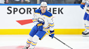 Mar 6, 2024; Toronto, Ontario, CAN; Buffalo Sabres right wing JJ Peterka (77) skates during the warmup before a game against the Toronto Maple Leafs at Scotiabank Arena. Mandatory Credit: Nick Turchiaro-Imagn Images