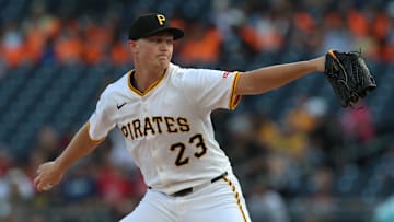 Jul 22, 2025; Pittsburgh, Pennsylvania, USA;  Pittsburgh Pirates starting pitcher Mitch Keller (23) delivers a pitch against the Detroit Tigers during the first inning at PNC Park. Mandatory Credit: Charles LeClaire-Imagn Images