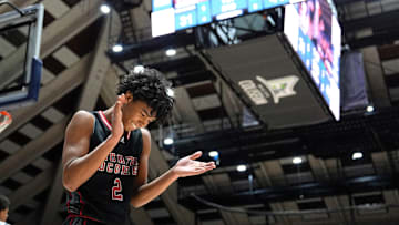 Mar 6, 2025; Macon, Georgia, USA; North Oconee guard Justin Wise (2) reacts after a play during the North Oconee and Pace Academy boys AAAA state basketball championship game at the Macon Coliseum. North Oconee won 60-48. Mandatory Credit: Katie Goodale - Augusta Chronicle/USA TODAY NETWORK