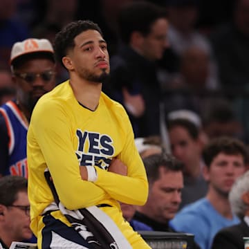 iMay 21, 2025; New York, New York, USA; Indiana Pacers guard Tyrese Haliburton (0) looks on in the third quarter against the New York Knicks during game one of the eastern conference finals for the 2025 NBA Playoffs at Madison Square Garden. Mandatory Credit: Brad Penner-Imagn Images