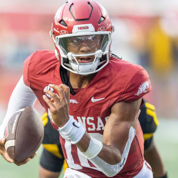 Taylen Green carries the ball in the first half against UAPB at War Memorial Stadium in Little Rock, Ark. The Razorbacks won the game 