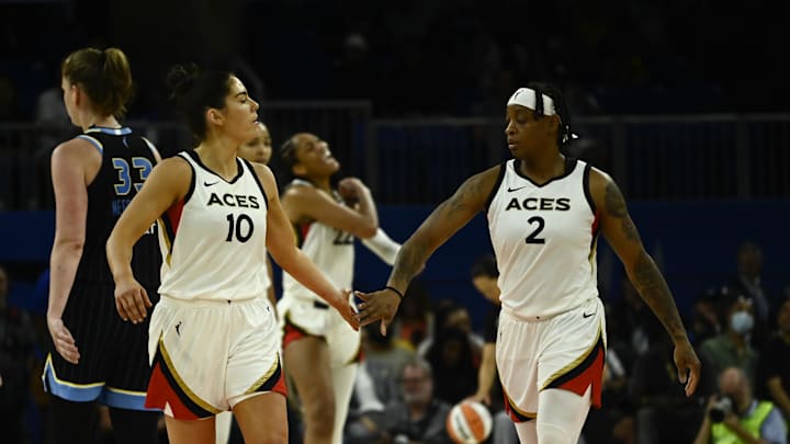 Jul 26, 2022; Chicago, IL, USA;  Las Vegas Aces guard Kelsey Plum (10) and Las Vegas Aces guard