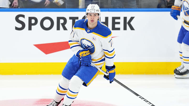 Mar 6, 2024; Toronto, Ontario, CAN; Buffalo Sabres right wing JJ Peterka (77) skates during the warmup before a game against the Toronto Maple Leafs at Scotiabank Arena. Mandatory Credit: Nick Turchiaro-Imagn Images Mar 6, 2024; Toronto, Ontario, CAN; Buffalo Sabres right wing JJ Peterka (77) skates during the warmup before a game against the Toronto Maple Leafs at Scotiabank Arena. Mandatory Credit: Nick Turchiaro-Imagn Images