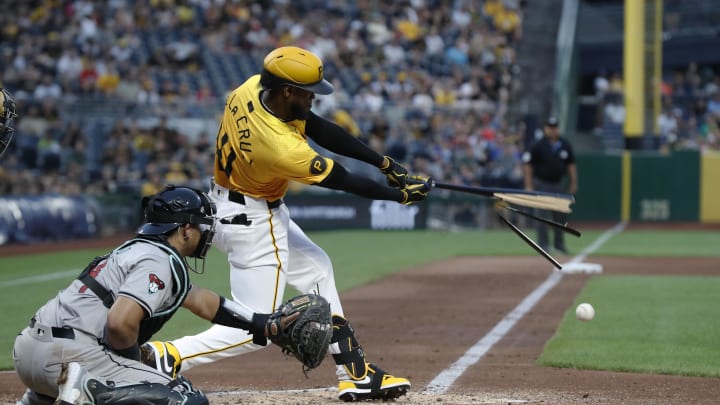 Aug 2, 2024; Pittsburgh, Pennsylvania, USA;  Pittsburgh Pirates right fielder Bryan De La Cruz (41) shatters his bat on a foul ball against the Arizona Diamondbacks during the fifth inning at PNC Park. Mandatory Credit: Charles LeClaire-USA TODAY Sports