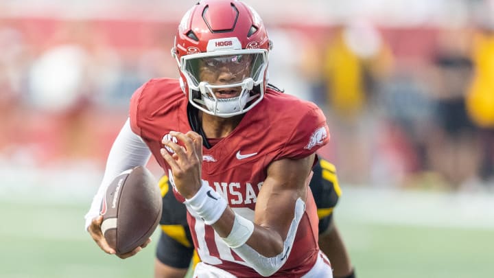 Taylen Green carries the ball in the first half against UAPB at War Memorial Stadium in Little Rock, Ark. The Razorbacks won the game 