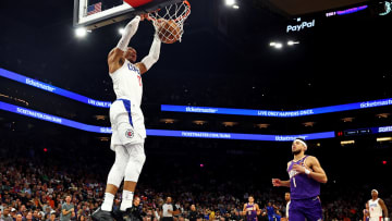 Apr 9, 2024; Phoenix, Arizona, USA;  LA Clippers guard Russell Westbrook (0) dunks the ball against