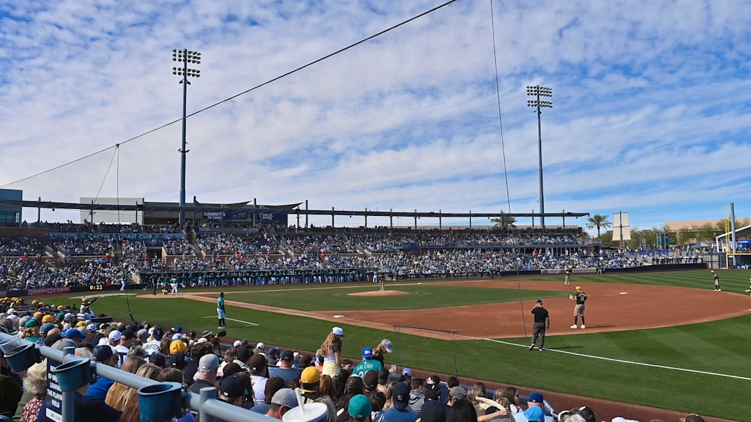 Feb 20, 2026; Peoria, Arizona, USA; General view of a game between the Seattle Mariners and the San Diego Padres during a Spring Training game at Peoria Sports Complex. Mandatory Credit: Matt Kartozian-Imagn Images