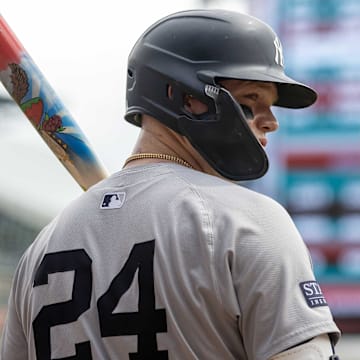 Aug 17, 2024; Detroit, Michigan, USA; New York Yankees outfielder Alex Verdugo (24) waits for his turn at bat with his custom painted bat in the second inning against the Detroit Tigers at Comerica Park. Mandatory Credit: David Reginek-Imagn Images